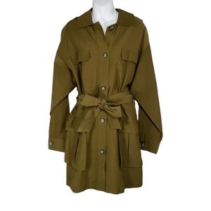 Zara Military Style Belted Pocket Utility Jacket Coat Dress Green Large